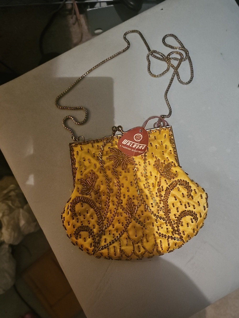 Walborg Yellow Beaded Evening Clutch with Gold Chain